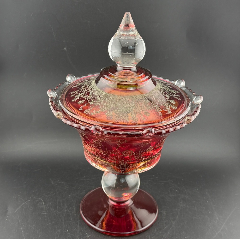 Vintage Ruby Red Carnival Glass Lidded Candy Dish: Silver Floral Etched Pedestal